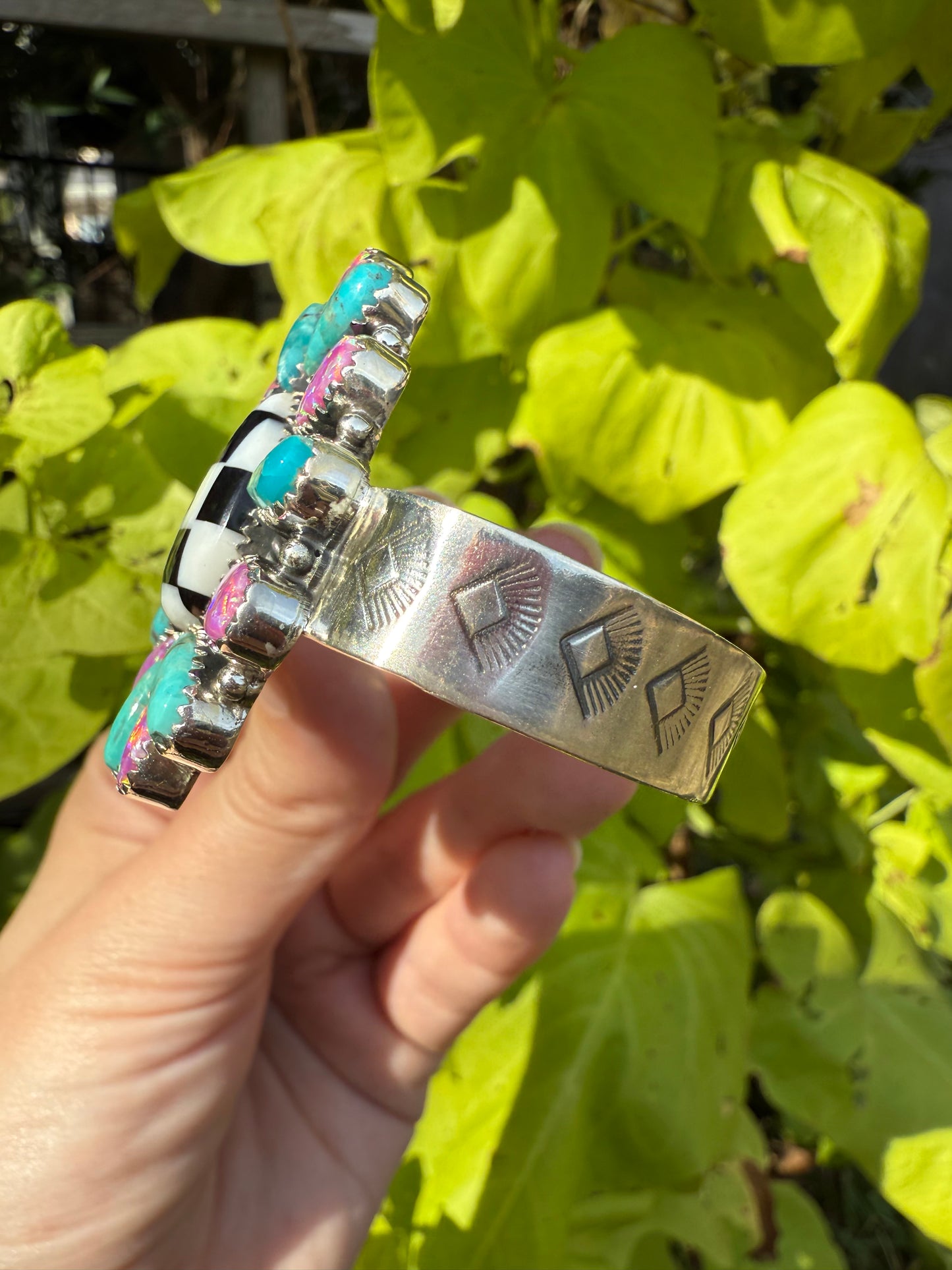 Checkered Pink and Blue Balloon Opal Statement Sterling Silver Cuff