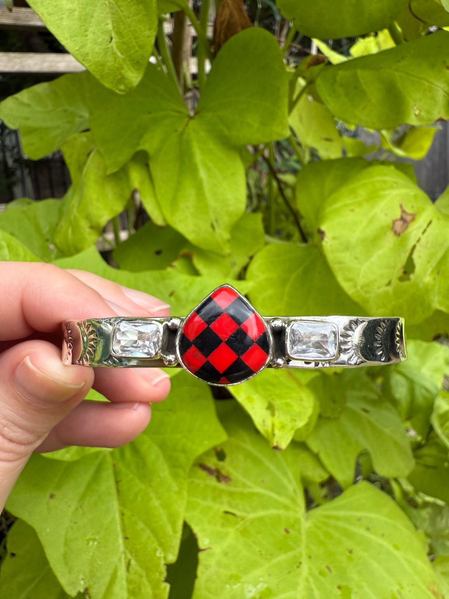 Red and Black Checkered Sterling Silver 925 Cuff