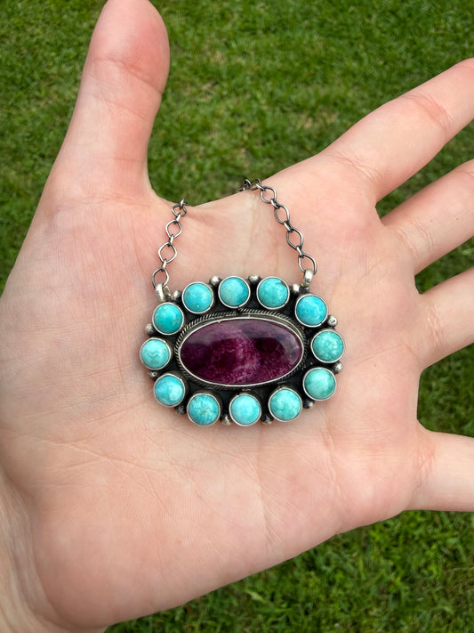 Native Turquoise and Purple Spiny Full Flower Cluster Sterling Silver Necklace