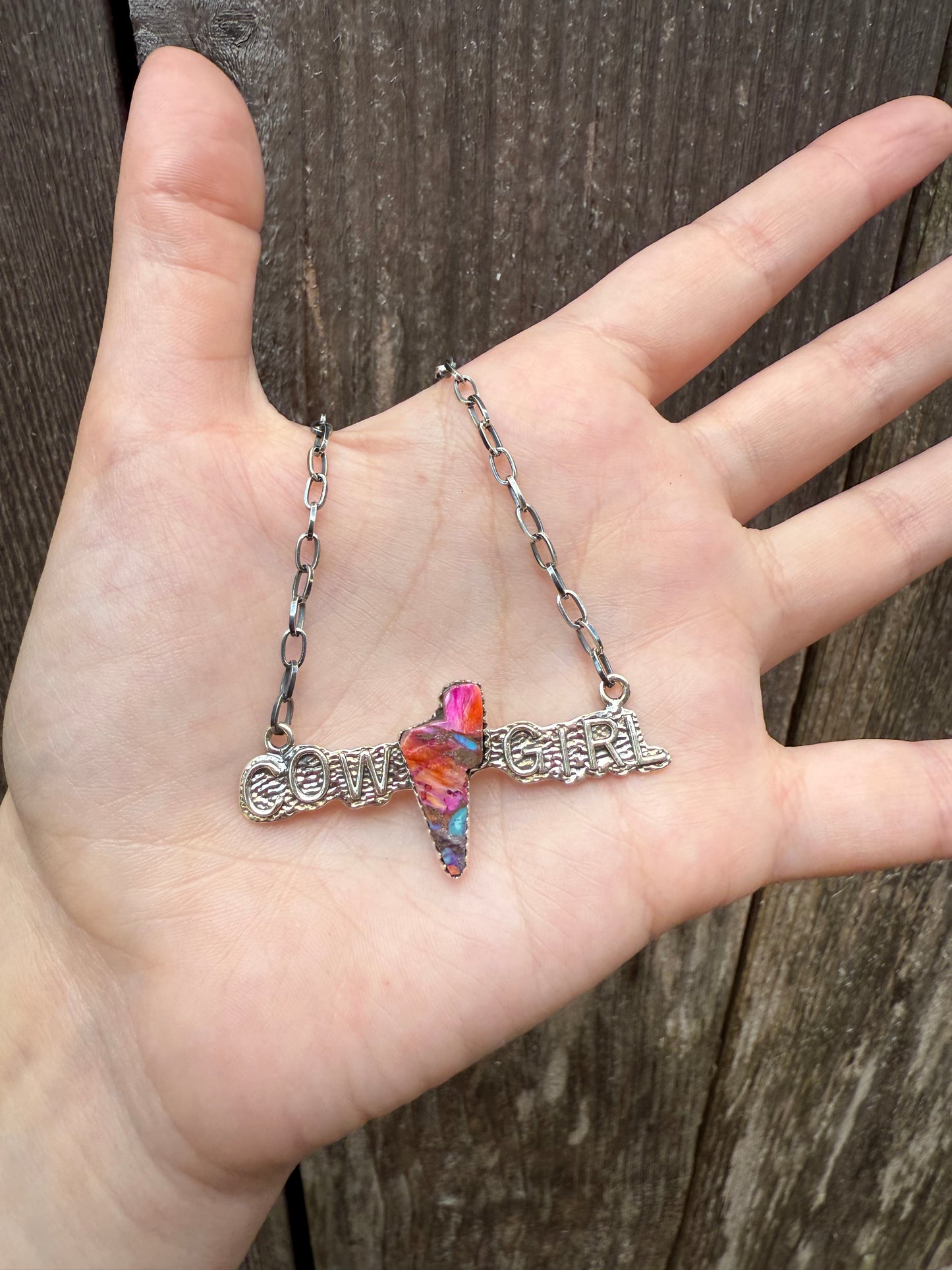 Pink Spiny and Purple Mojave Cowgirl Lightening Bolt Sterling Silver Necklace