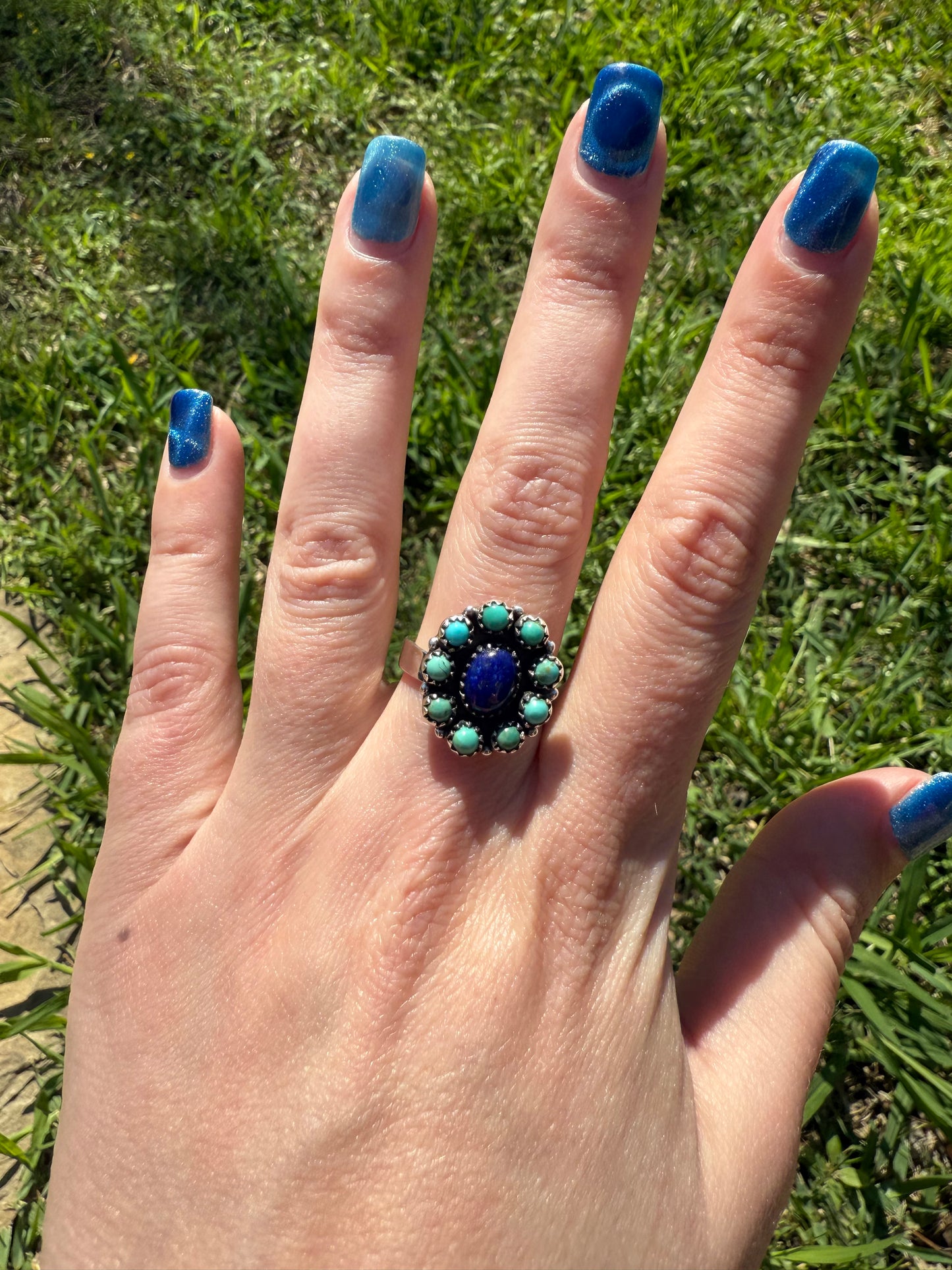 Turquoise and Blue Lapis Full Flower Sterling Silver Adjustable Ring