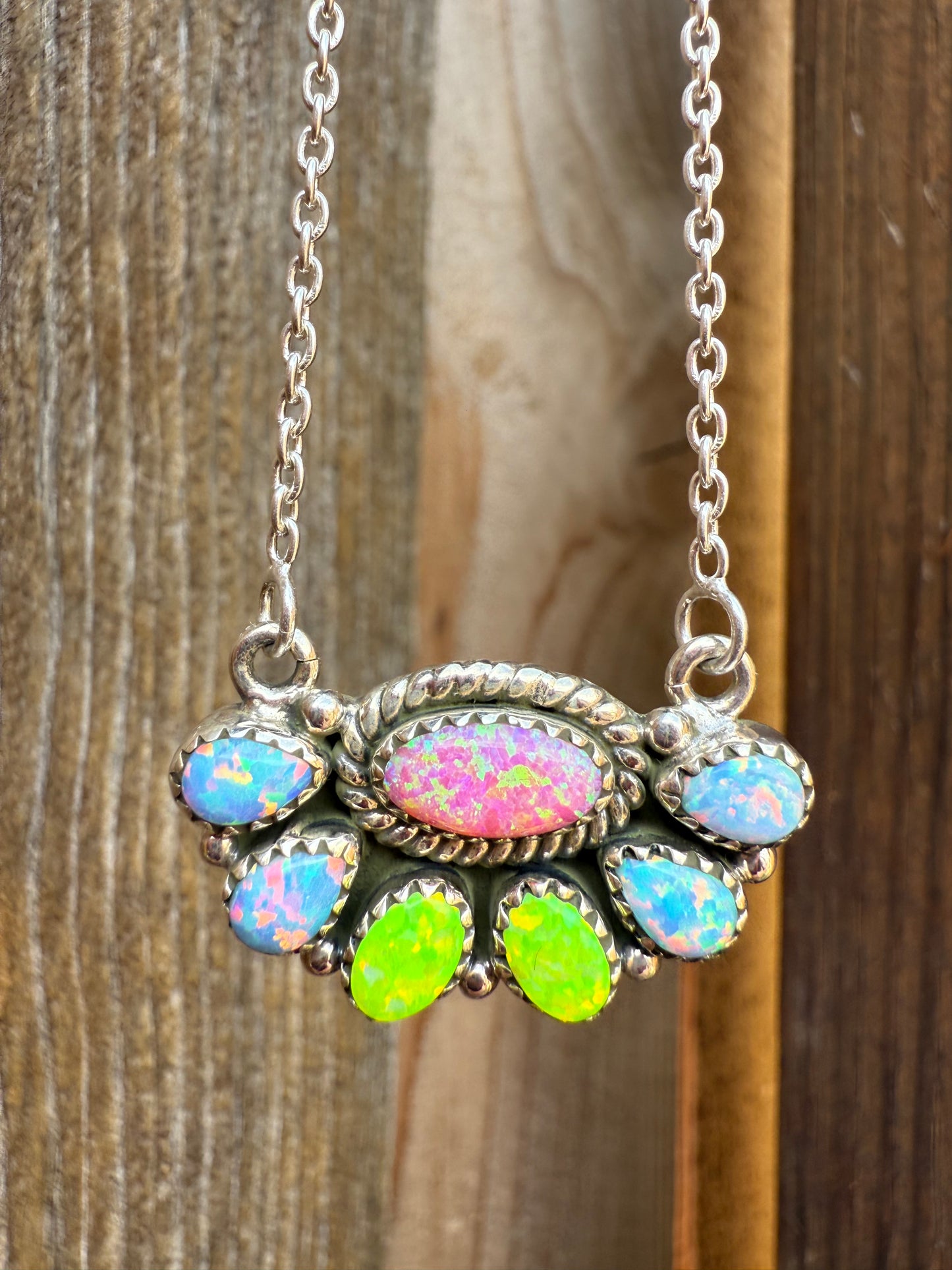 Fire Opal Half Flower Elegant Sterling Silver 925 Necklace