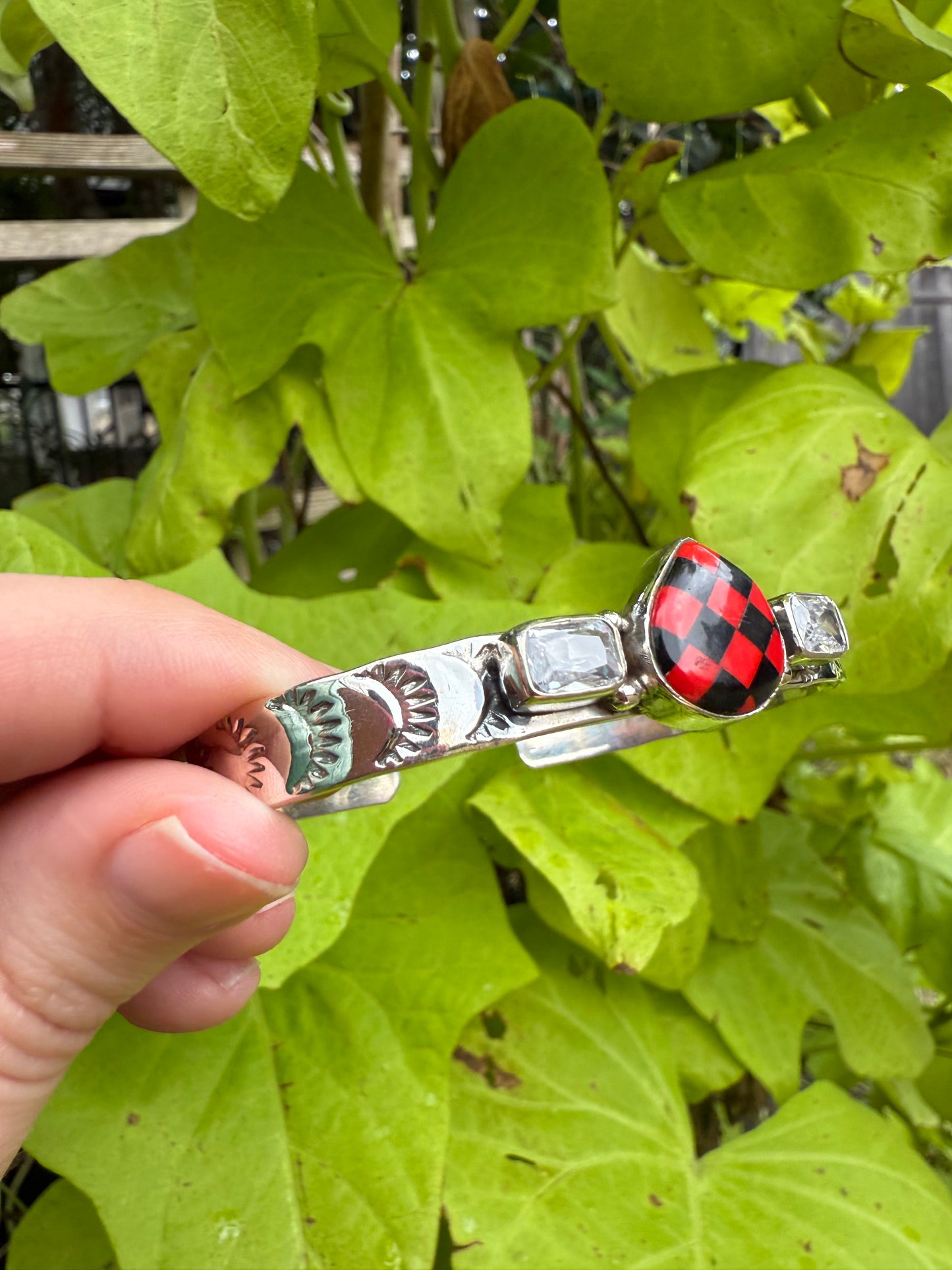 Red and Black Checkered Sterling Silver 925 Cuff