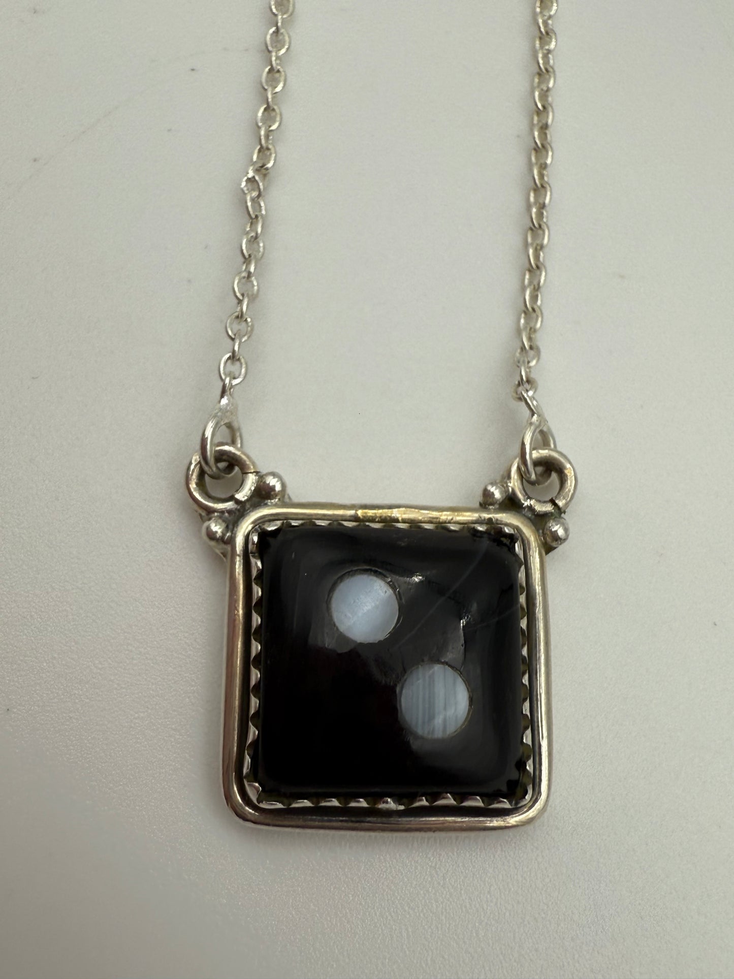 Black Onyx And Mother of Pearl Sterling Silver Dice Necklace