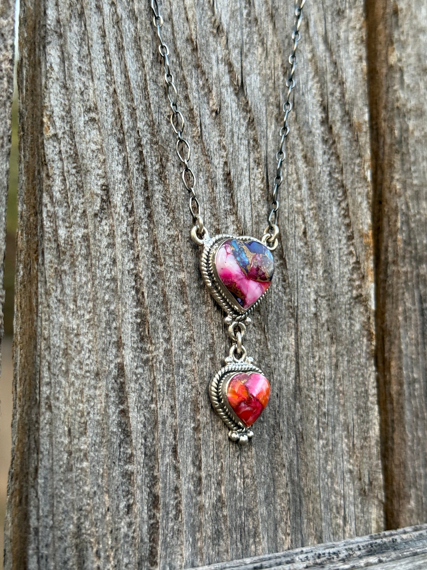 Pink Dahlia Heart Pendant Necklace with Pink and Orange Stones 925 Sterling Silver