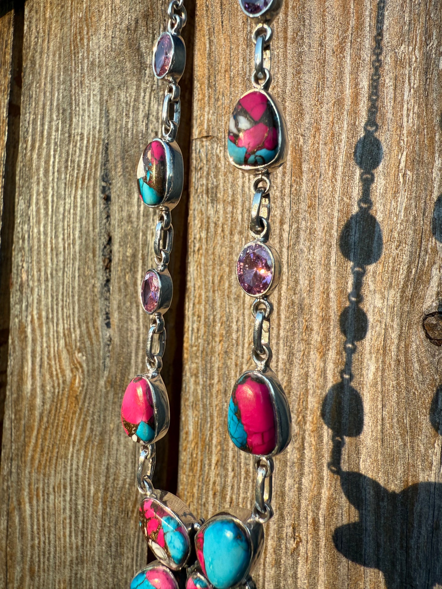 Cotton Candy Turquoise With CZ Crystals Colorful Stone Sterling Necklace 925