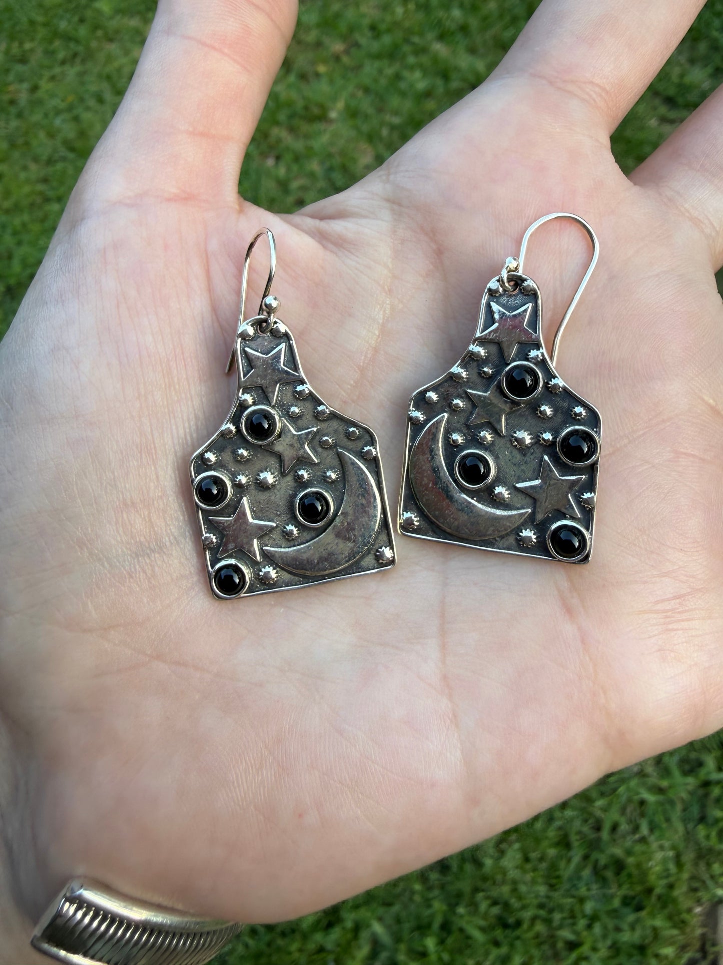 Black Onyx Star and and Moon Cow Tag Style Sterling Silver Earrings