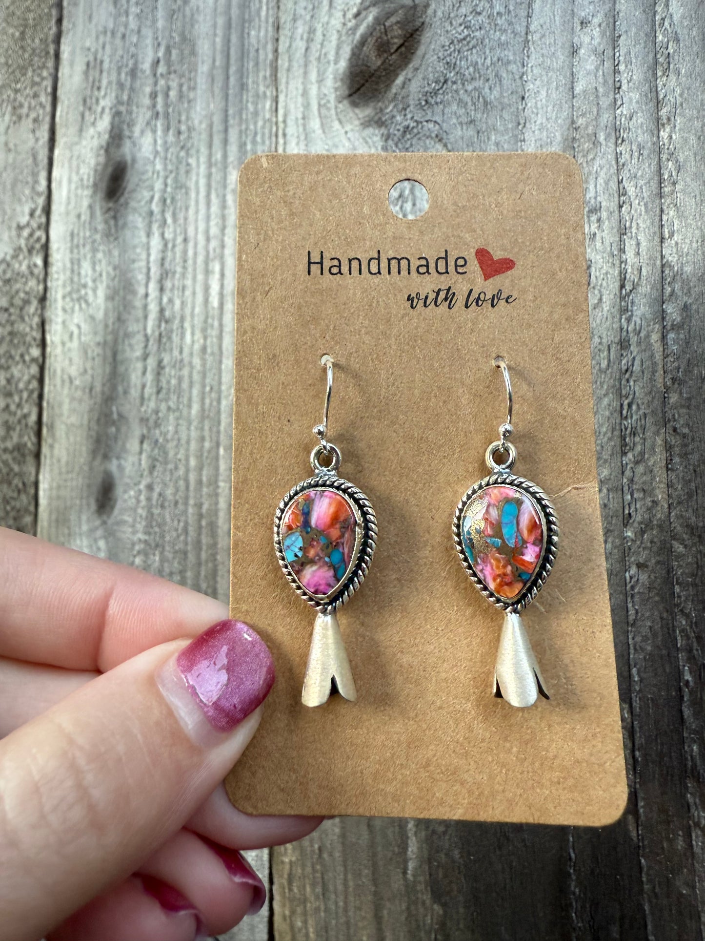 Pink Dahlia Squash Blossom Horn Sterling Silver 925 Dangle Earrings