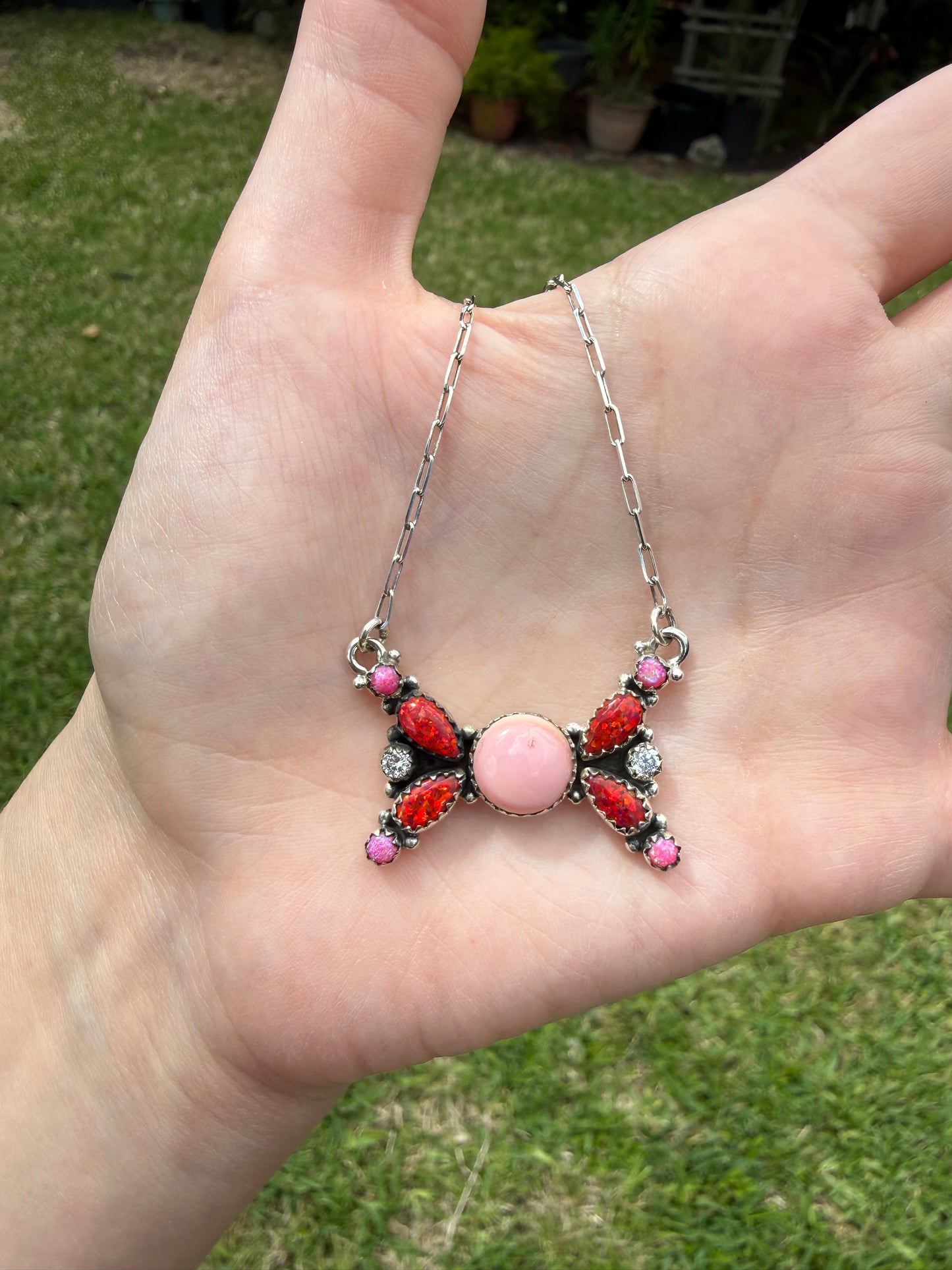 Pink Conch, Red and Pink Balloon Opal Sterling Silver 925 Necklace