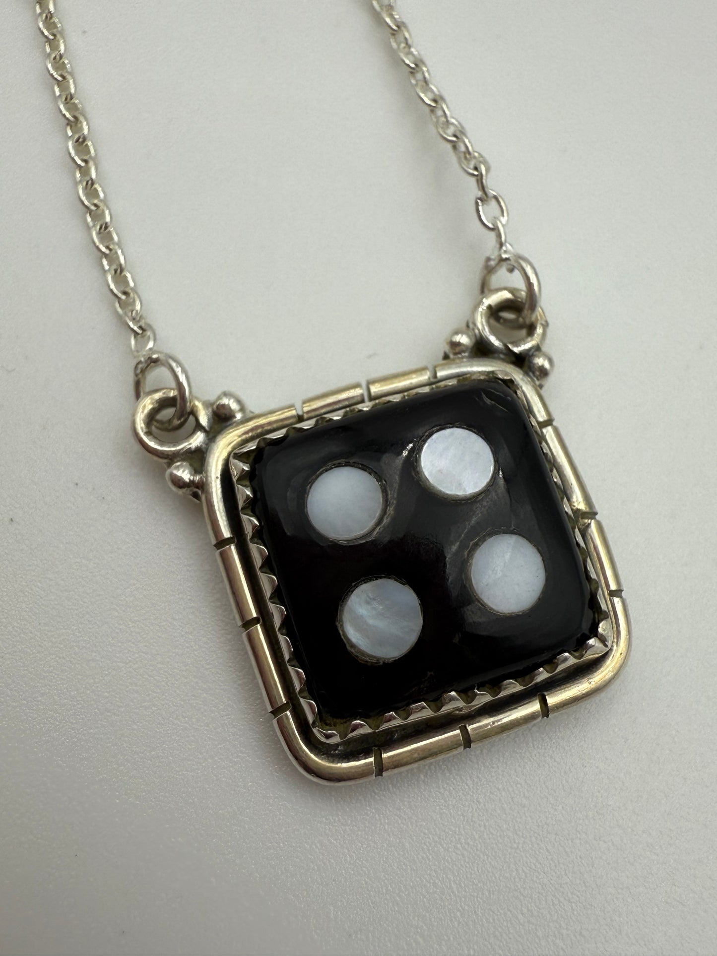 Black Onyx And Mother of Pearl Sterling Silver Dice Necklace
