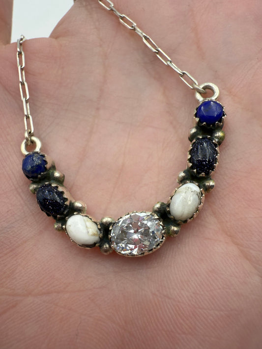 Blue Lapis, White Buffalo, Blue Goldstone and CZ Crystal Horseshoe Paperclip Chain Necklace