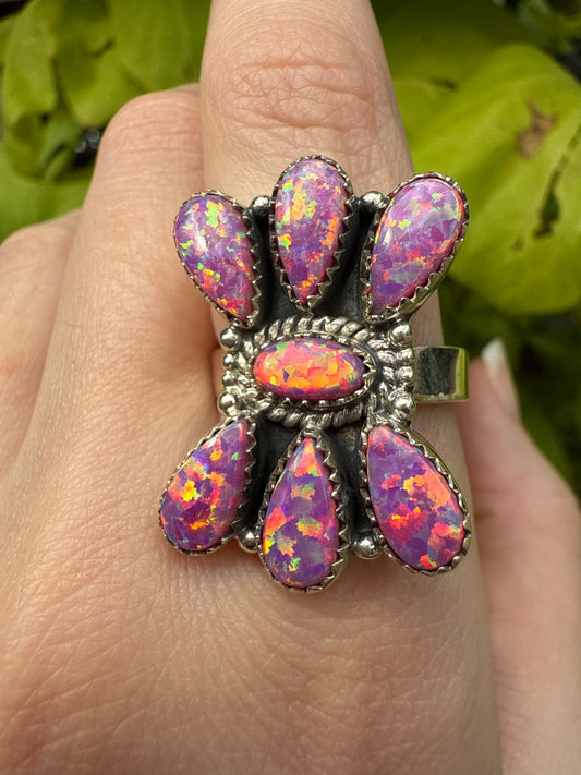 Hot Pink Balloon Opal Sterling Silver Adjustable Ring