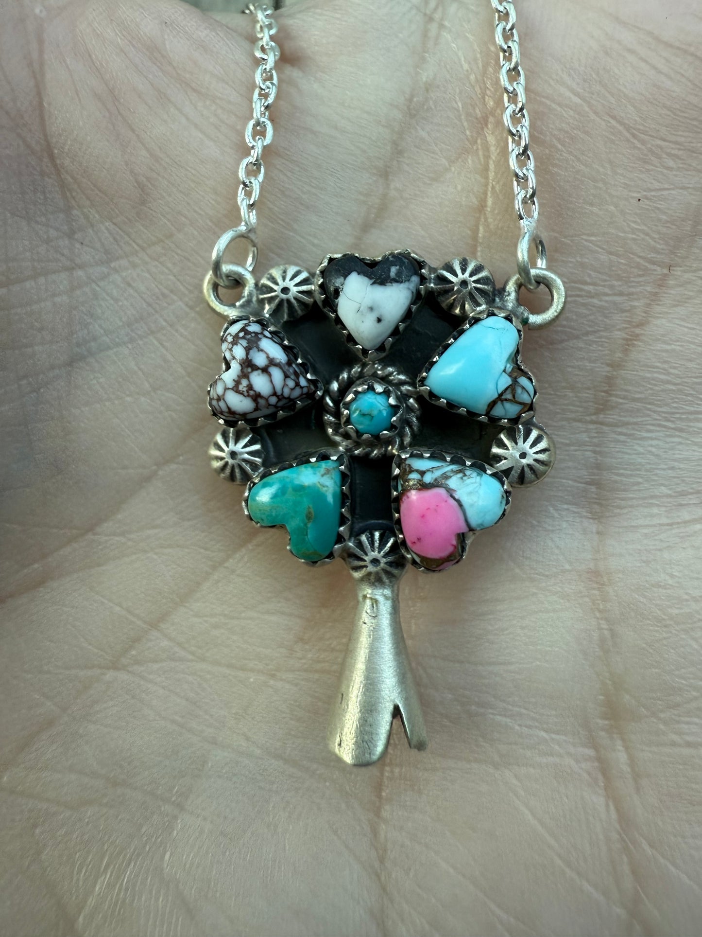 Multi Stone Heart Squash Blossom Horn Sterling Silver Necklace