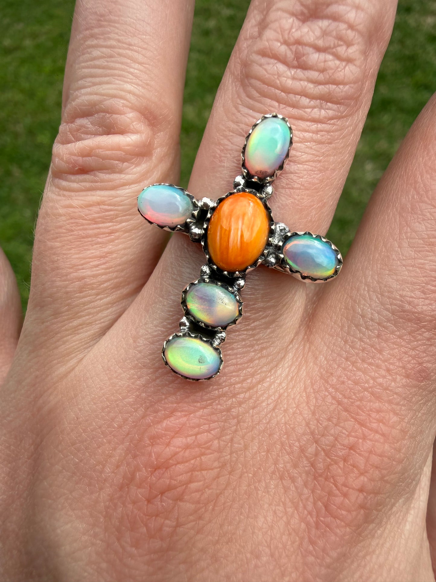 Orange Spiny and Balloon Opal Adjustable Sterling Silver Ring