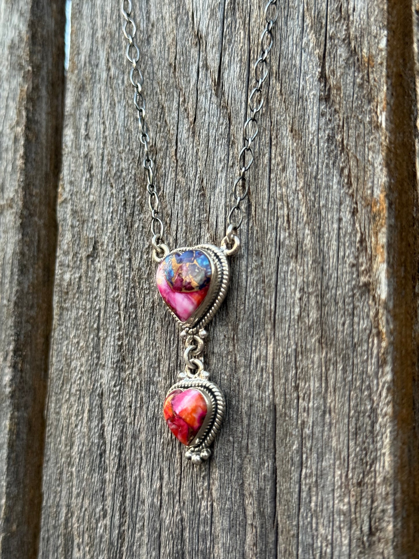 Pink Dahlia Heart Pendant Necklace with Pink and Orange Stones 925 Sterling Silver