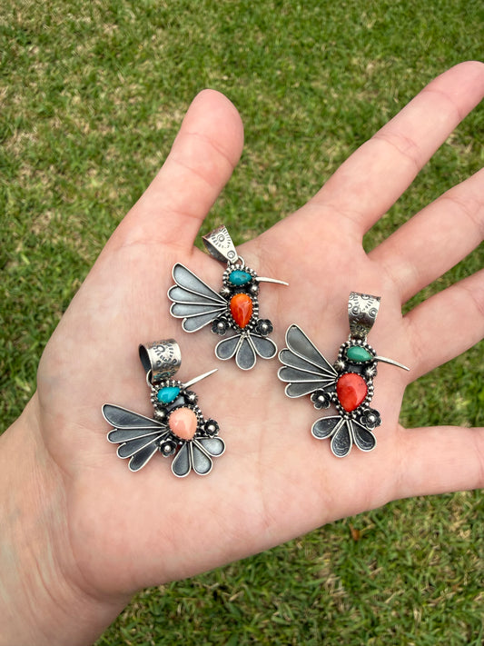 Multi Stone Hummingbird Sterling Silver Pendant