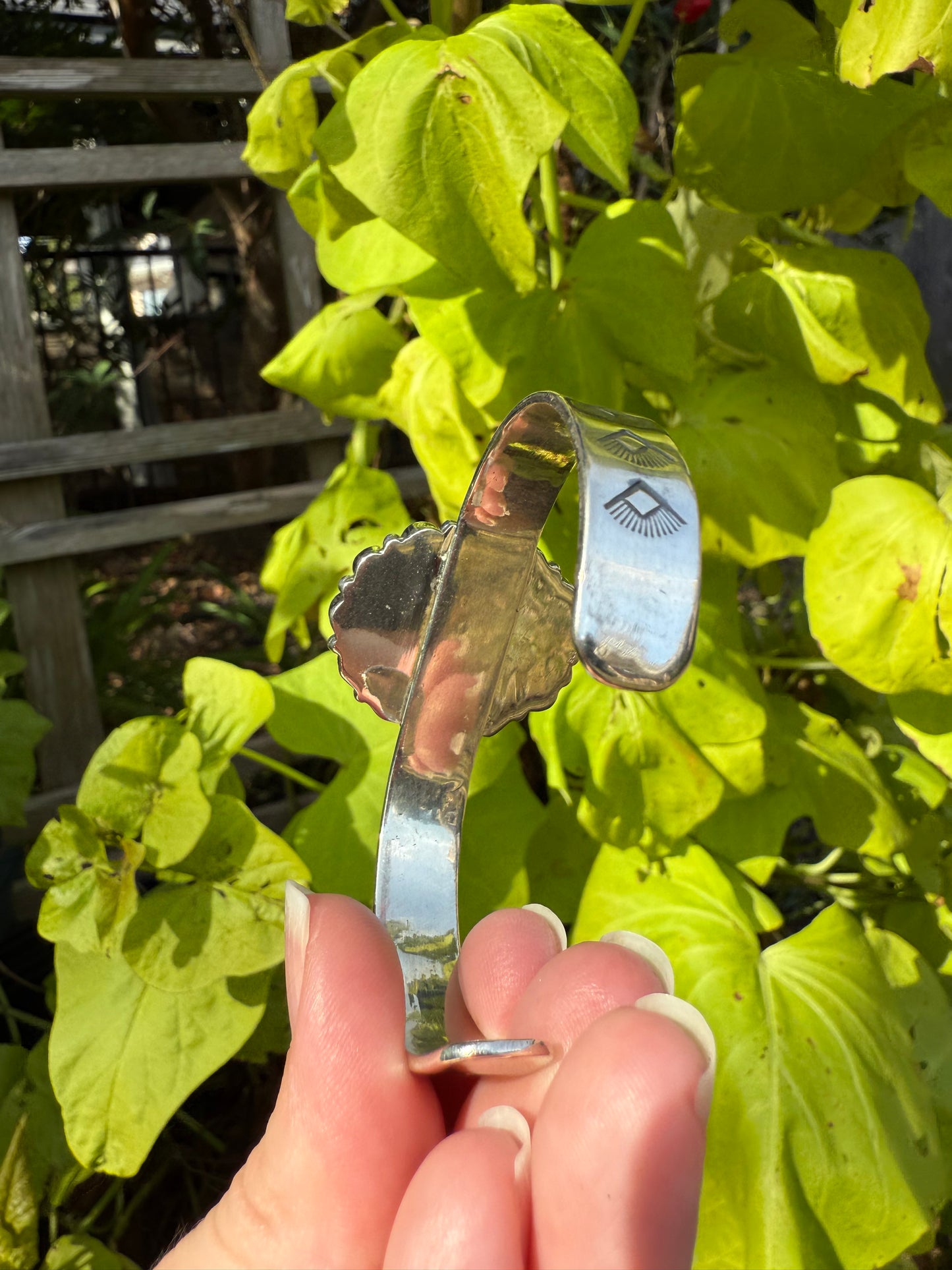 Turquoise and Checkered Flower Style Sterling Silver Cuff