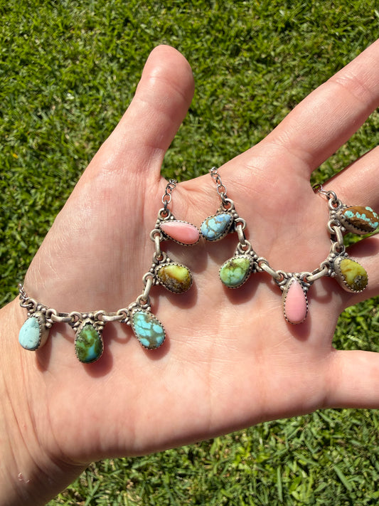 Mixed Multi Stone Charm Petal Style Sterling Silver Necklace