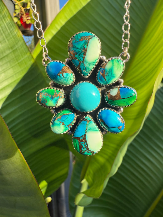 Peacock Dahlia Turquoise and Green Stone Flower 925 Sterling Silver Necklace