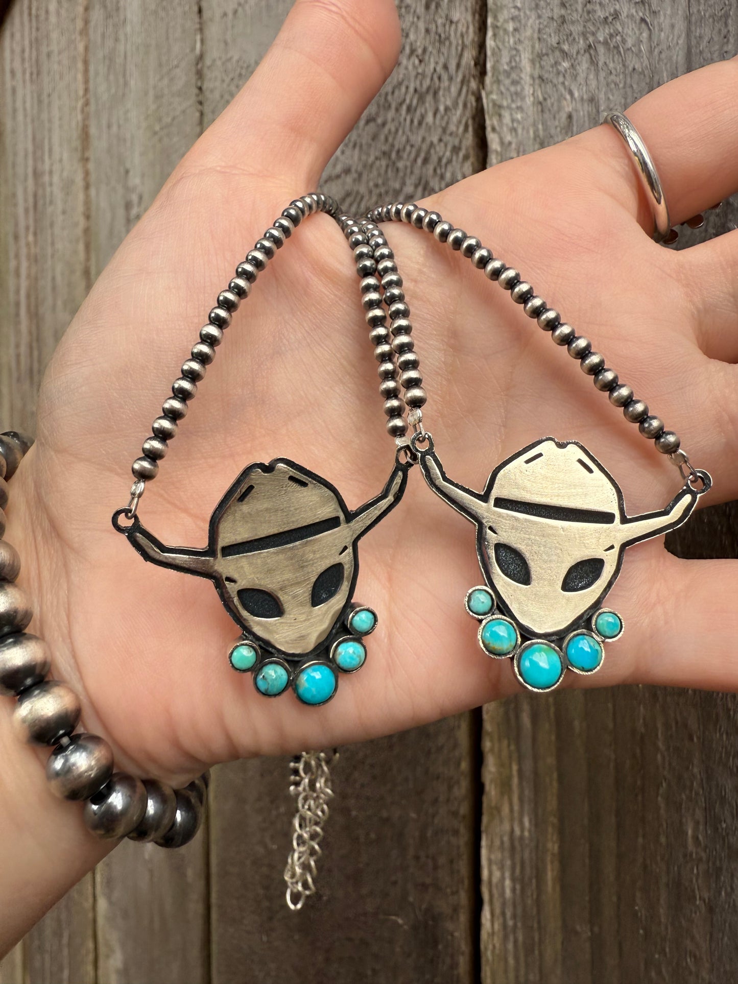 Alien Cowboy Turquoise Desert Pearl Sterling Silver Necklace