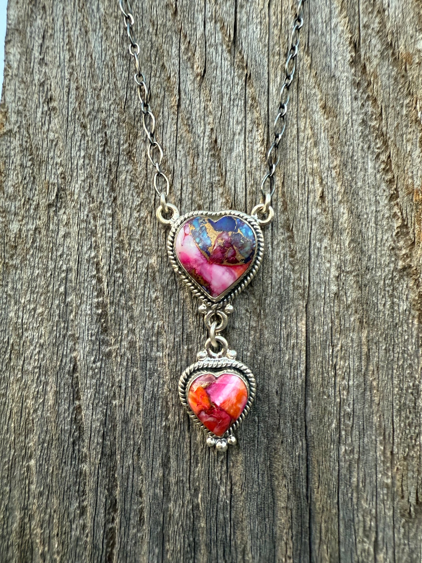 Pink Dahlia Heart Pendant Necklace with Pink and Orange Stones 925 Sterling Silver