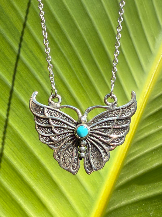 925 Silver Butterfly with Turquoise Plate Pendant Necklace