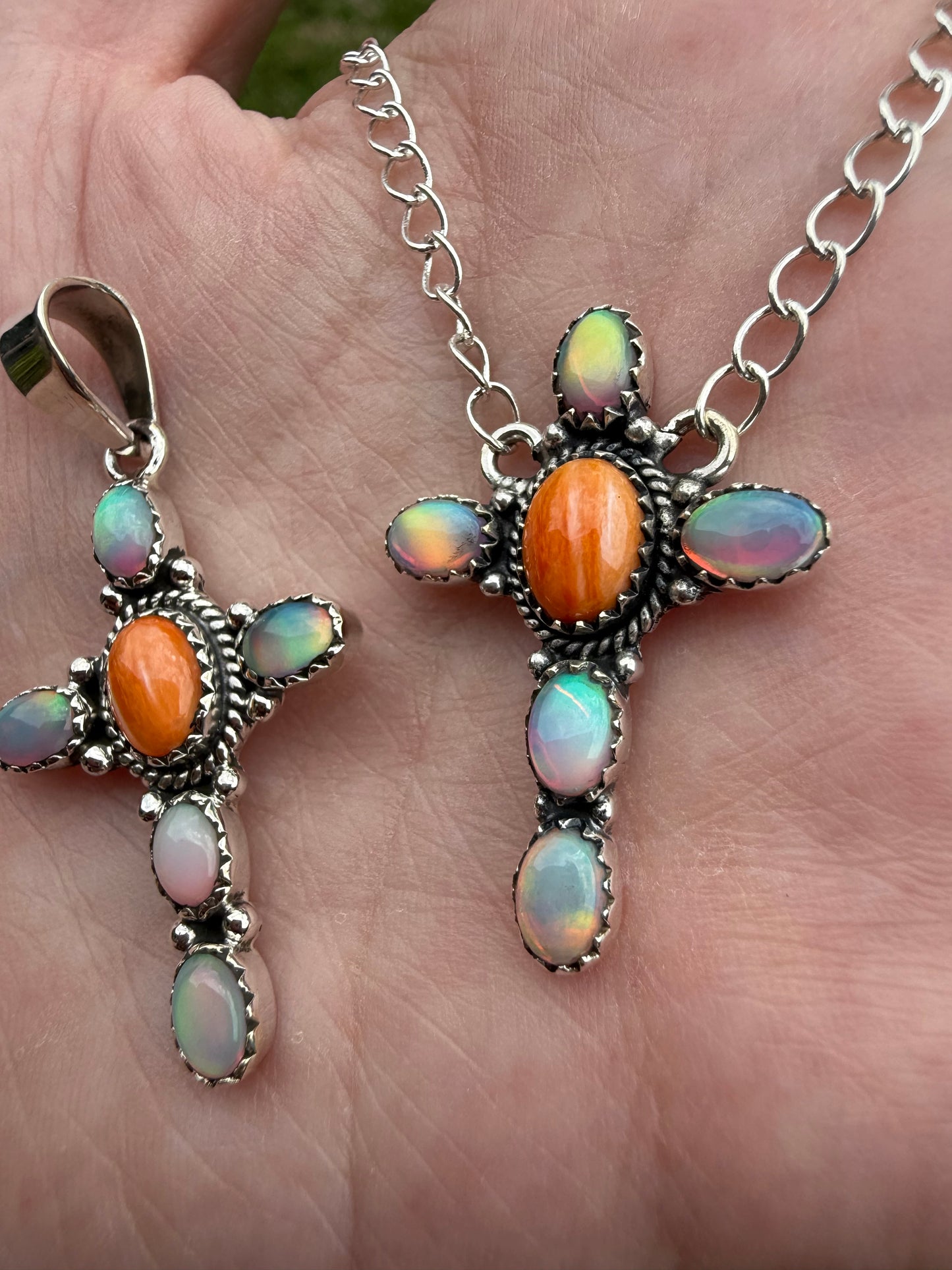 Orange Spiny and Balloon Opal Cross Sterling Silver Pendant Or Necklace