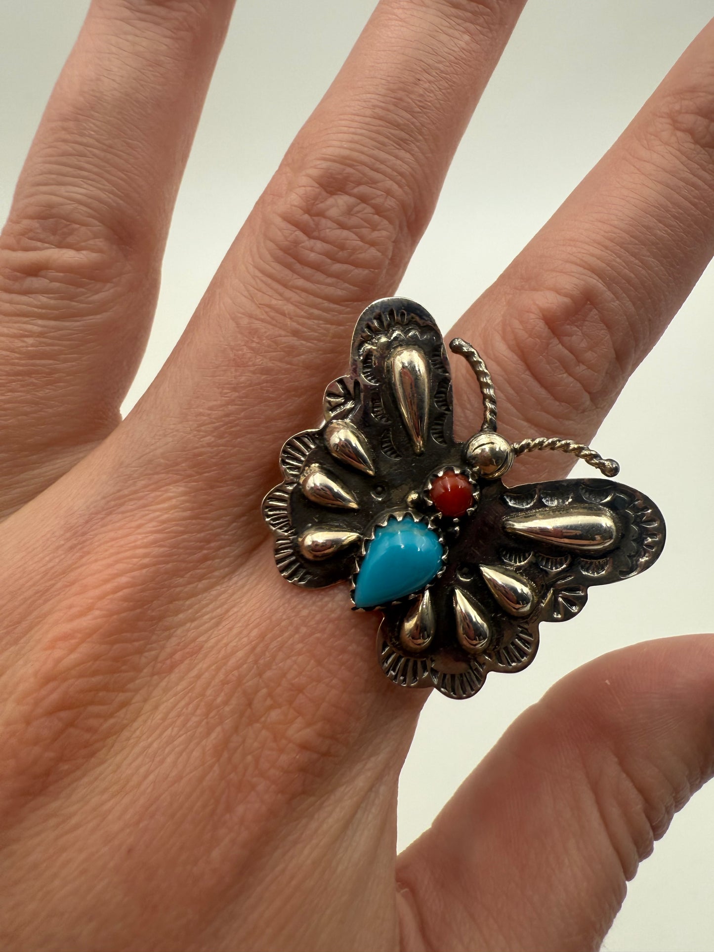 Kingman and Coral Butterfly Sterling Silver Handmade Ring - Size 8