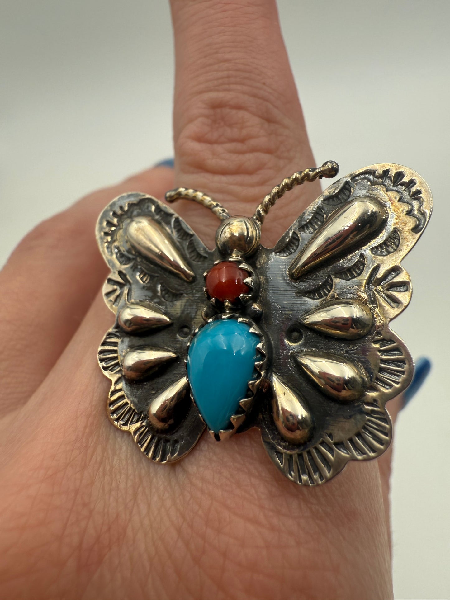 Kingman and Coral Butterfly Sterling Silver Handmade Ring - Size 8