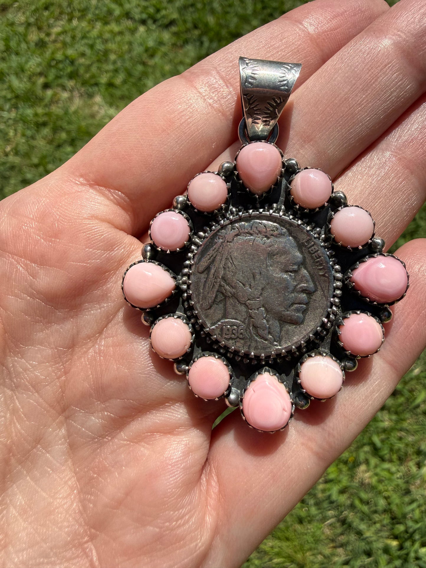 Kingman or Pink Conch Full Flower Coin Sterling Silver Pendant