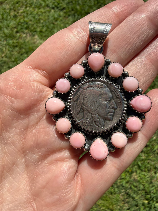 Kingman or Pink Conch Full Flower Coin Sterling Silver Pendant