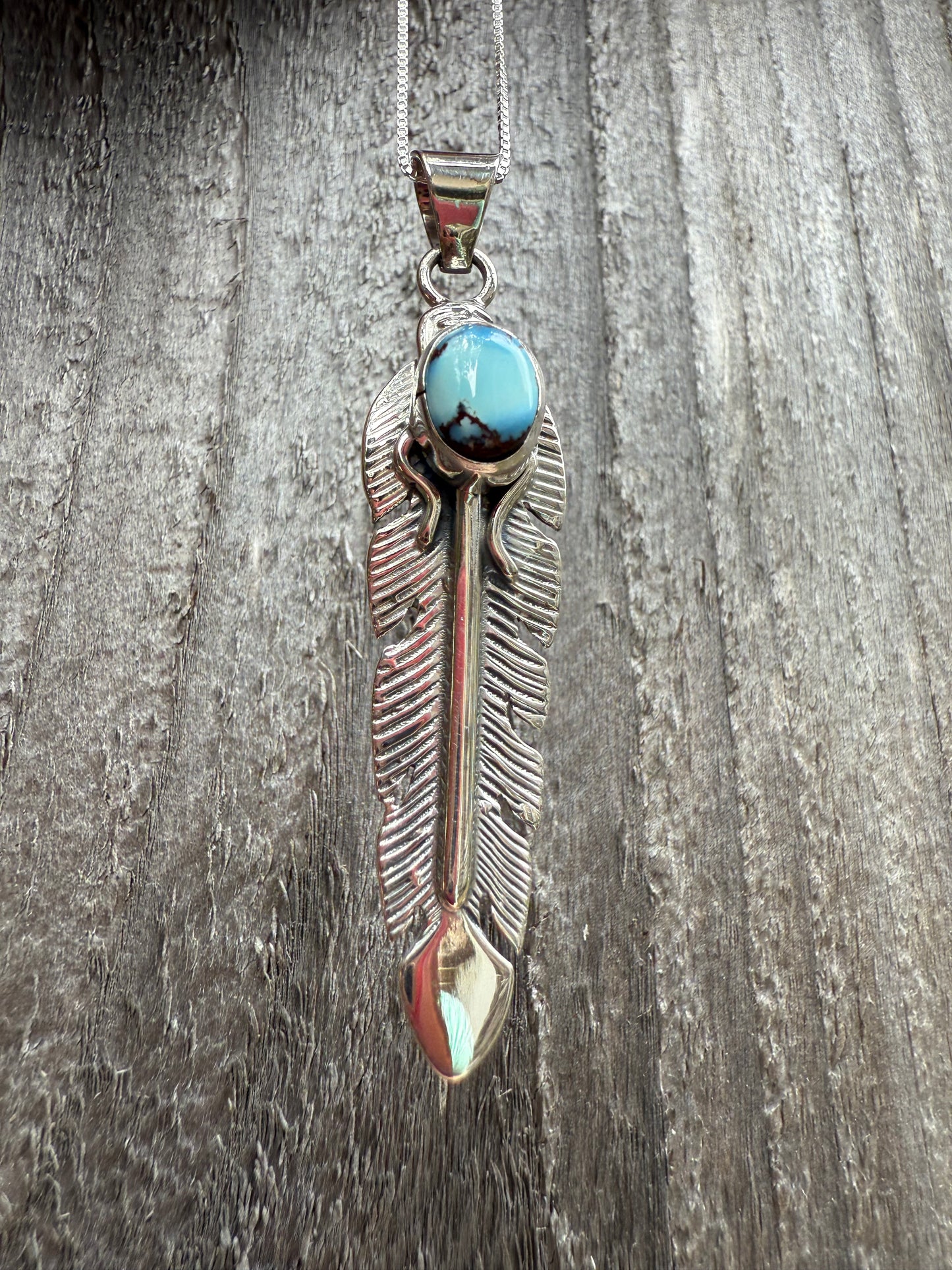 Native Golden Hills Turquoise Feather Sterling Silver Necklace