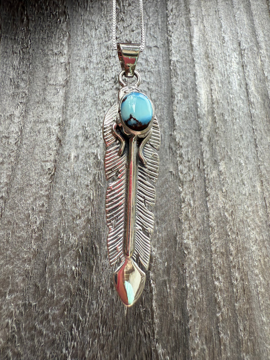 Native Golden Hills Turquoise Feather Sterling Silver Necklace