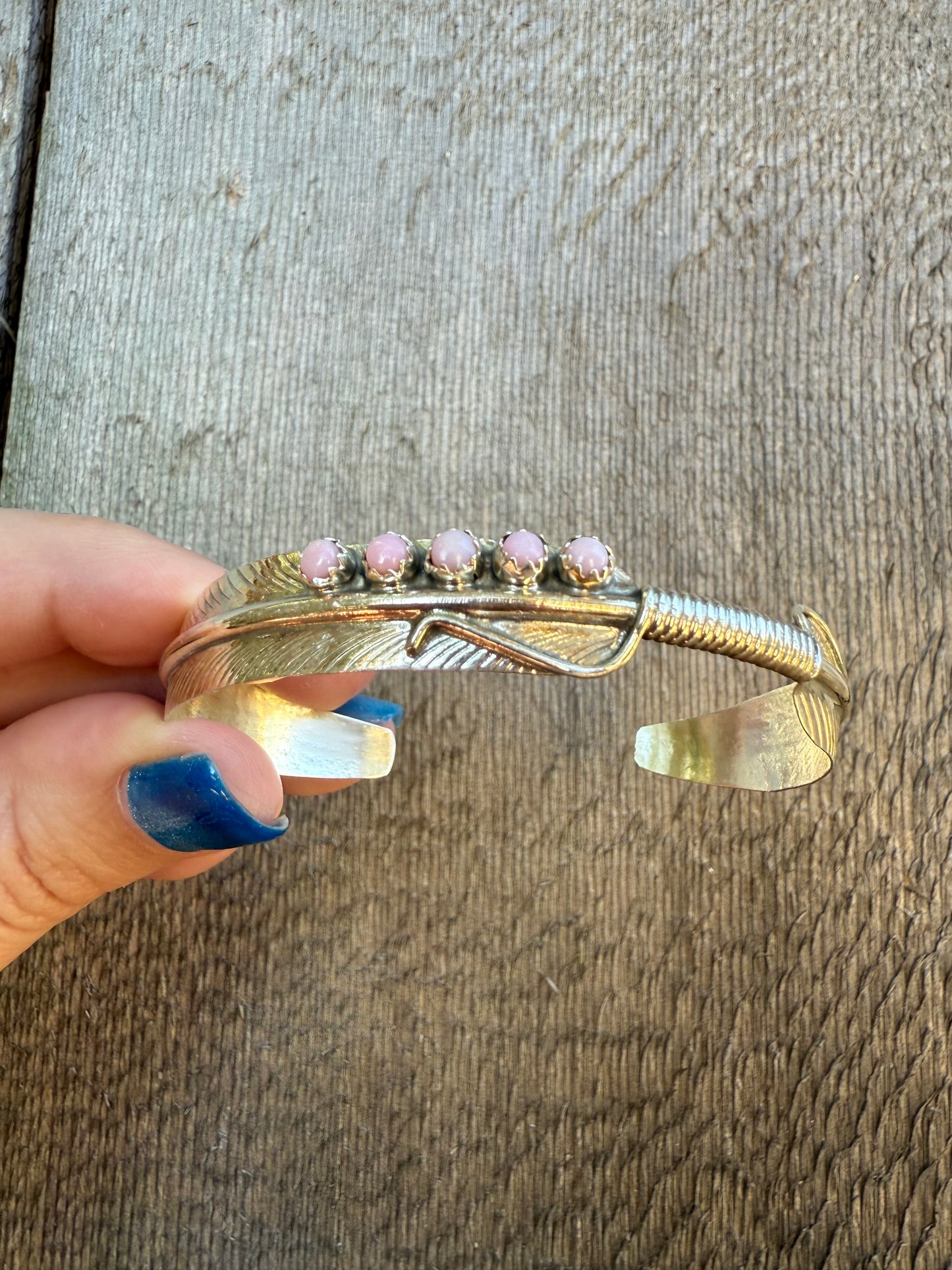 Navajo Pink Conch Feather Sterling Silver Cuff Bracelet by Aaron Davis