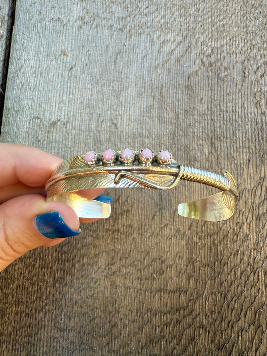 Navajo Pink Conch Feather Sterling Silver Cuff Bracelet by Aaron Davis
