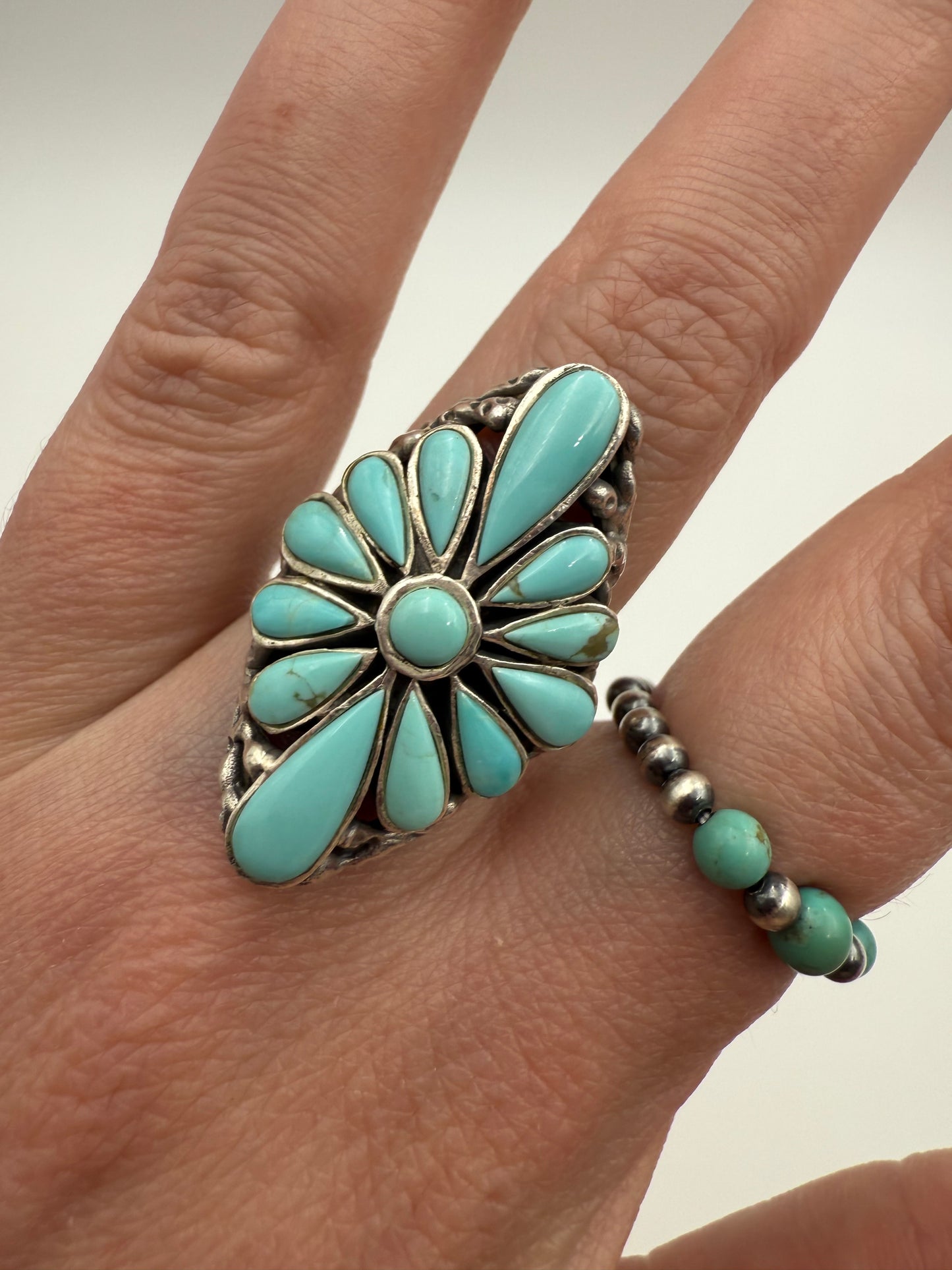 Inlayed Turquoise Statement Flower Sterling Silver Ring - Size 7 Adjustable