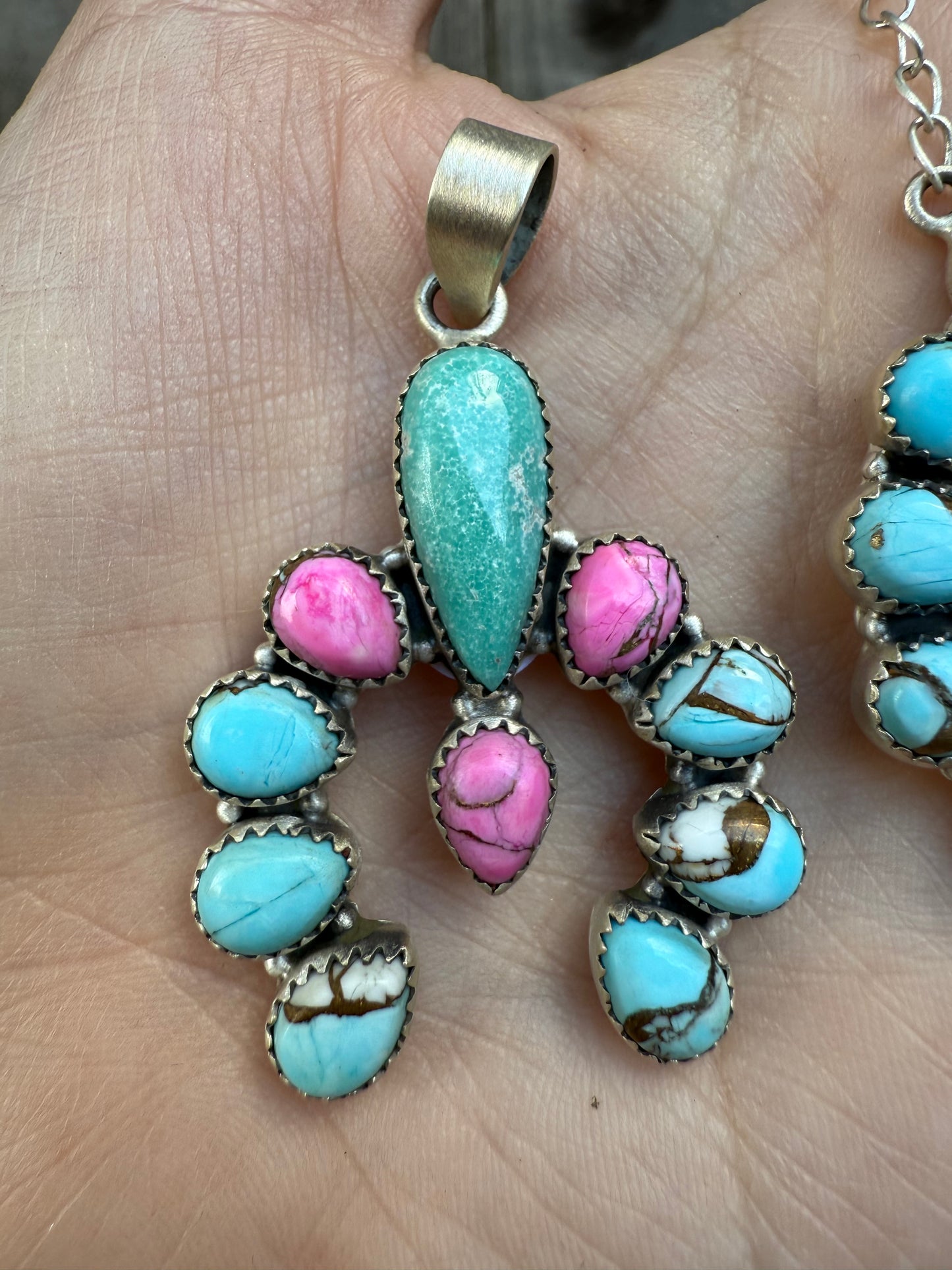 Cotton Candy and Lone Mountain Turquoise Naja Sterling Silver Pendant