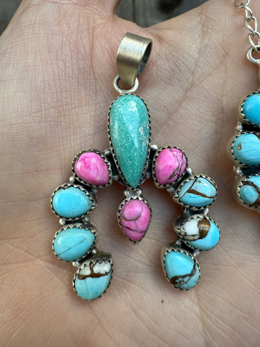Cotton Candy and Lone Mountain Turquoise Naja Sterling Silver Pendant
