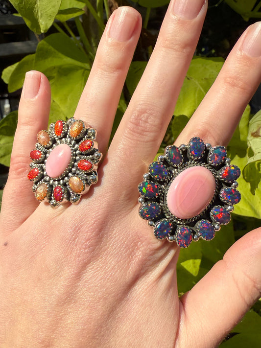Pink Conch Statement Sterling Silver Balloon Opal Rings