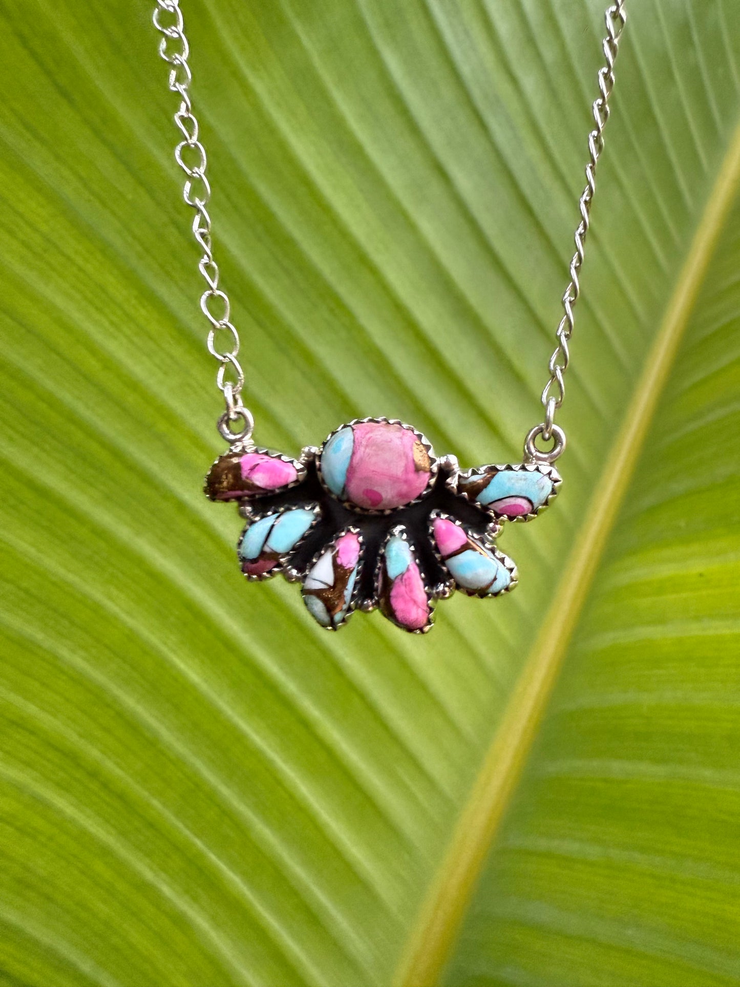 Cotton Candy Turquoise Half Flower Necklace 925 Sterling Silver