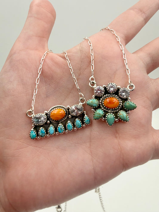 Turquoise, Orange Spiny, and CZ Crystal Spring Sterling Silver Cluster Necklace