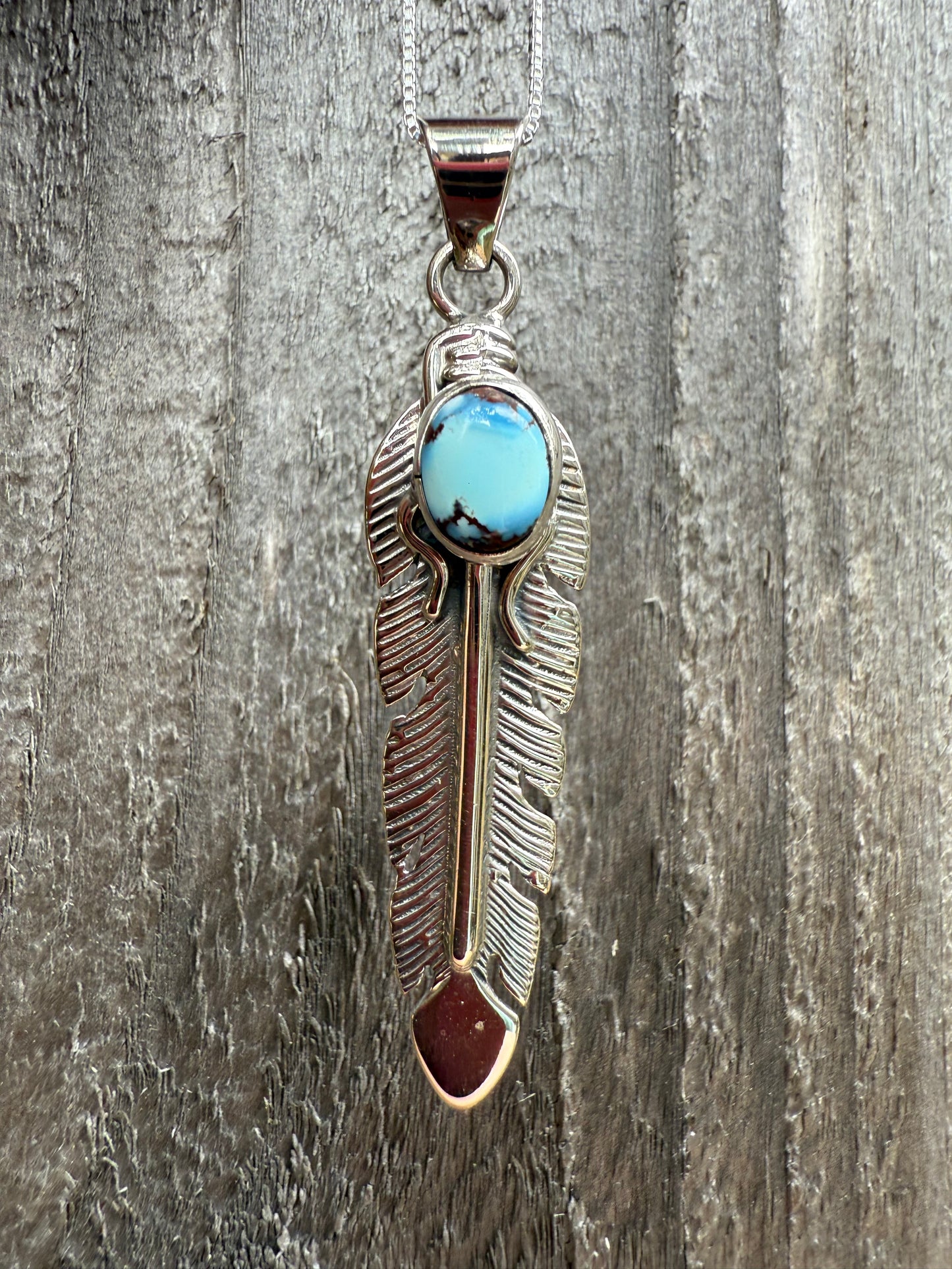 Native Golden Hills Turquoise Feather Sterling Silver Necklace