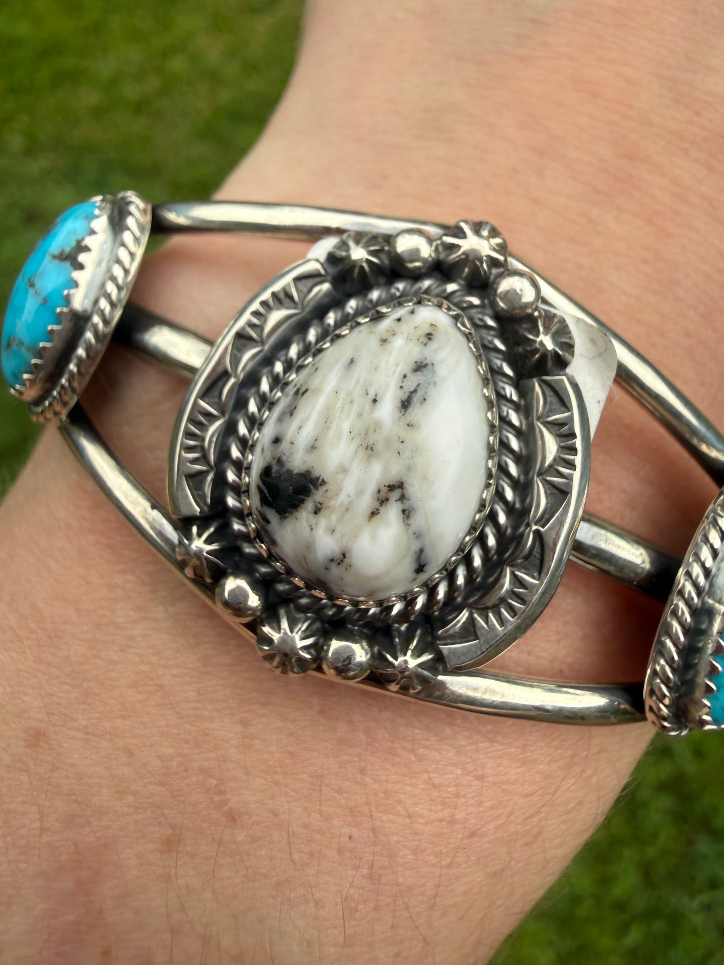 Navajo White Buffalo and Turquoise  Sterling Silver Cuff by Lorraine Yellowhair