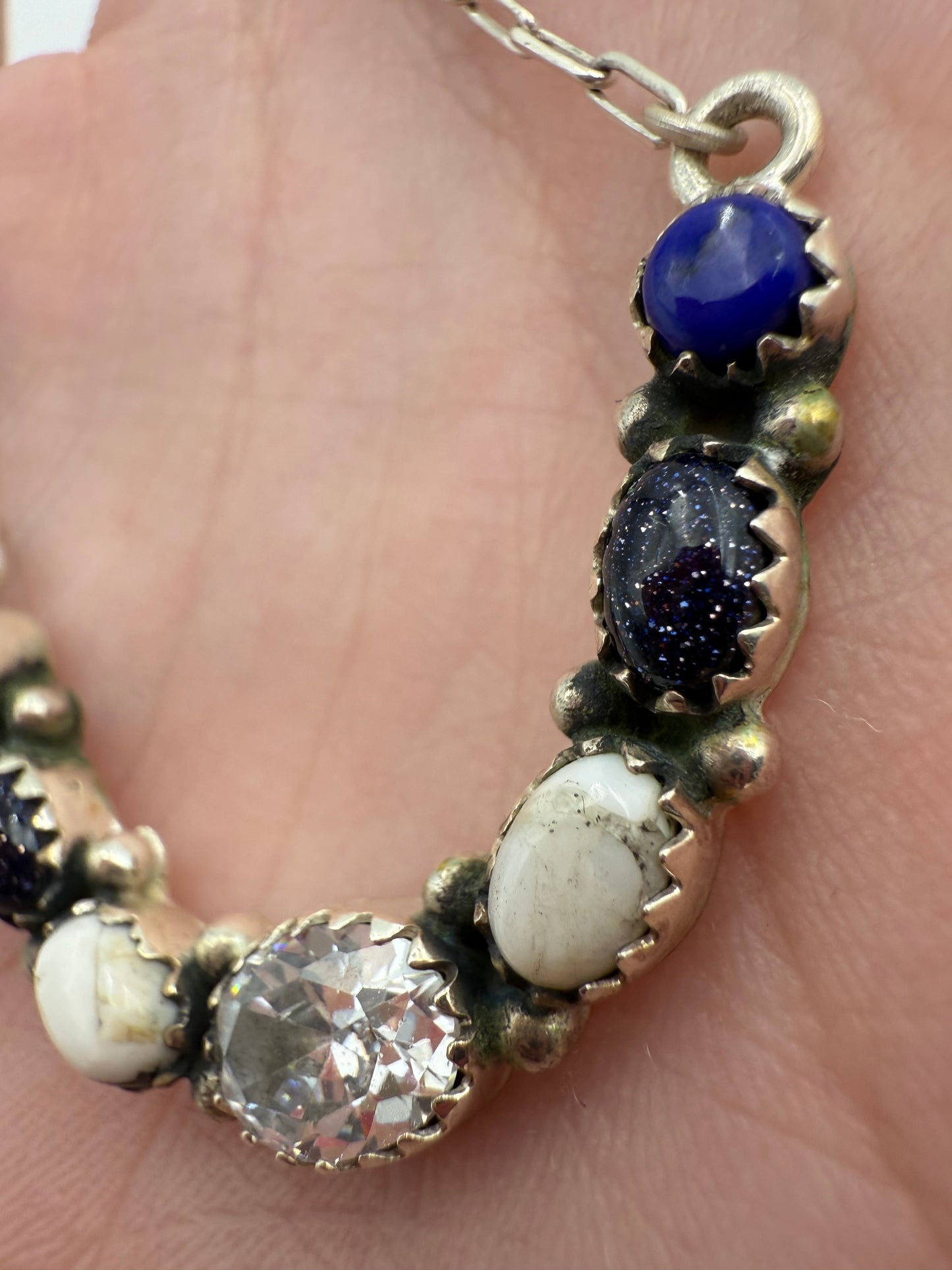 Blue Lapis, White Buffalo, Blue Goldstone and CZ Crystal Horseshoe Paperclip Chain Necklace
