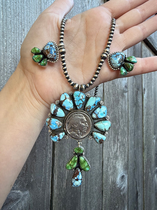 Liberty Coin Golden Hills and Sonoran Gold TurquoiseStatement Sterling Silver Necklace