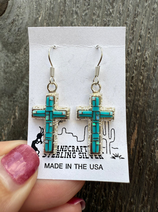 Turquoise Inlay Cross Sterling Silver Earrings
