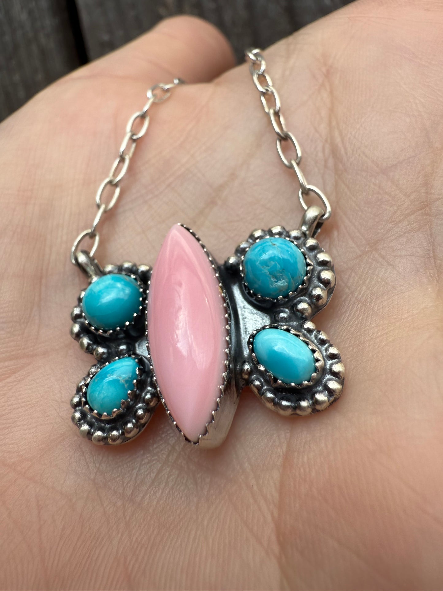 Pink Conch and Blue Bird Butterfly Necklace By Midwest Western Wear