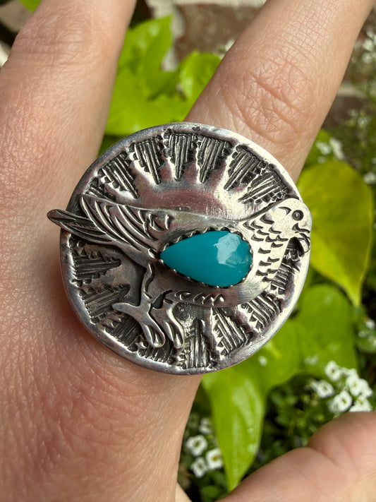 Bird with Turquoise Coin Style Sterling Silver Ring - Size 7.5