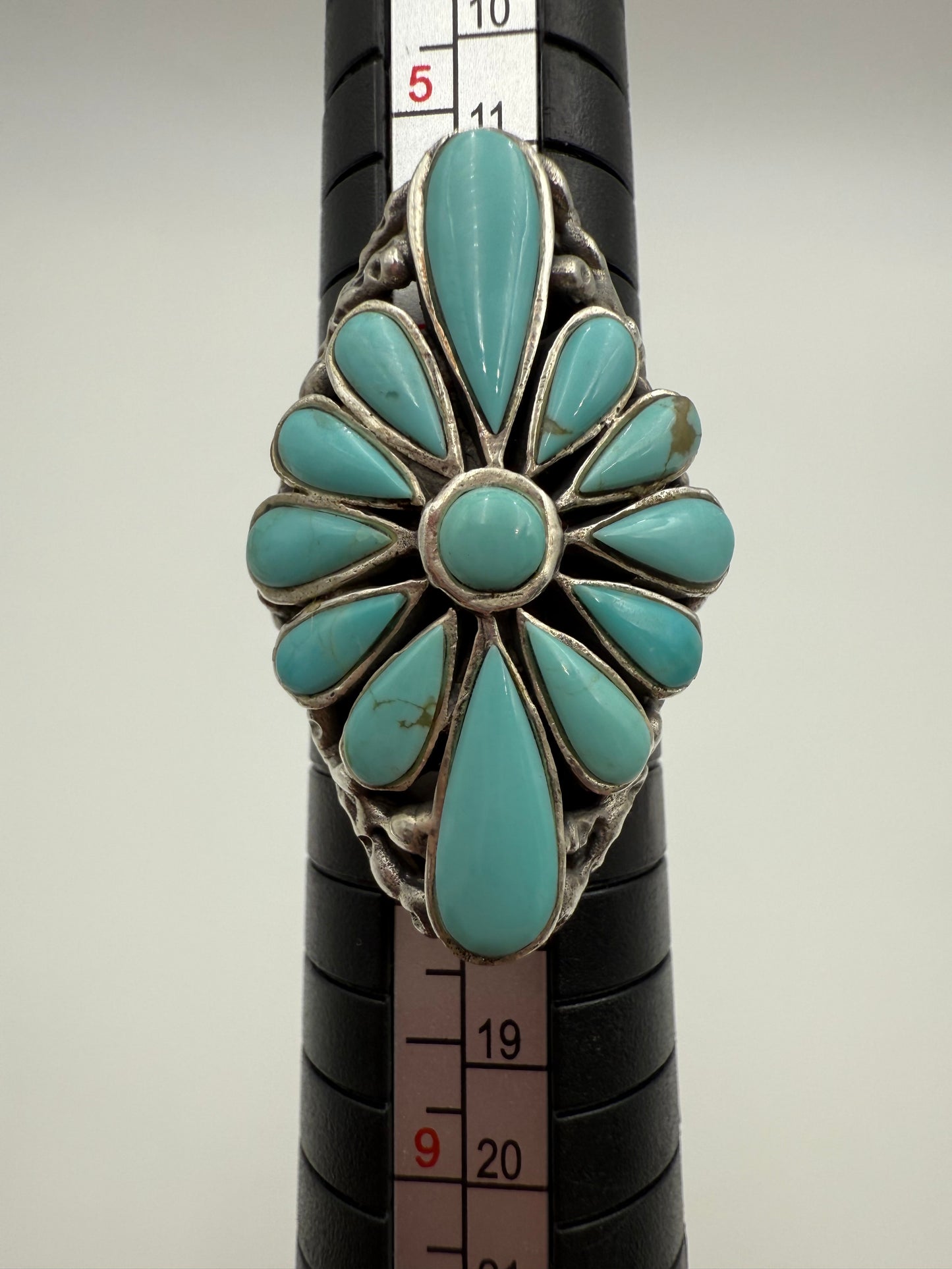 Inlayed Turquoise Statement Flower Sterling Silver Ring - Size 7 Adjustable