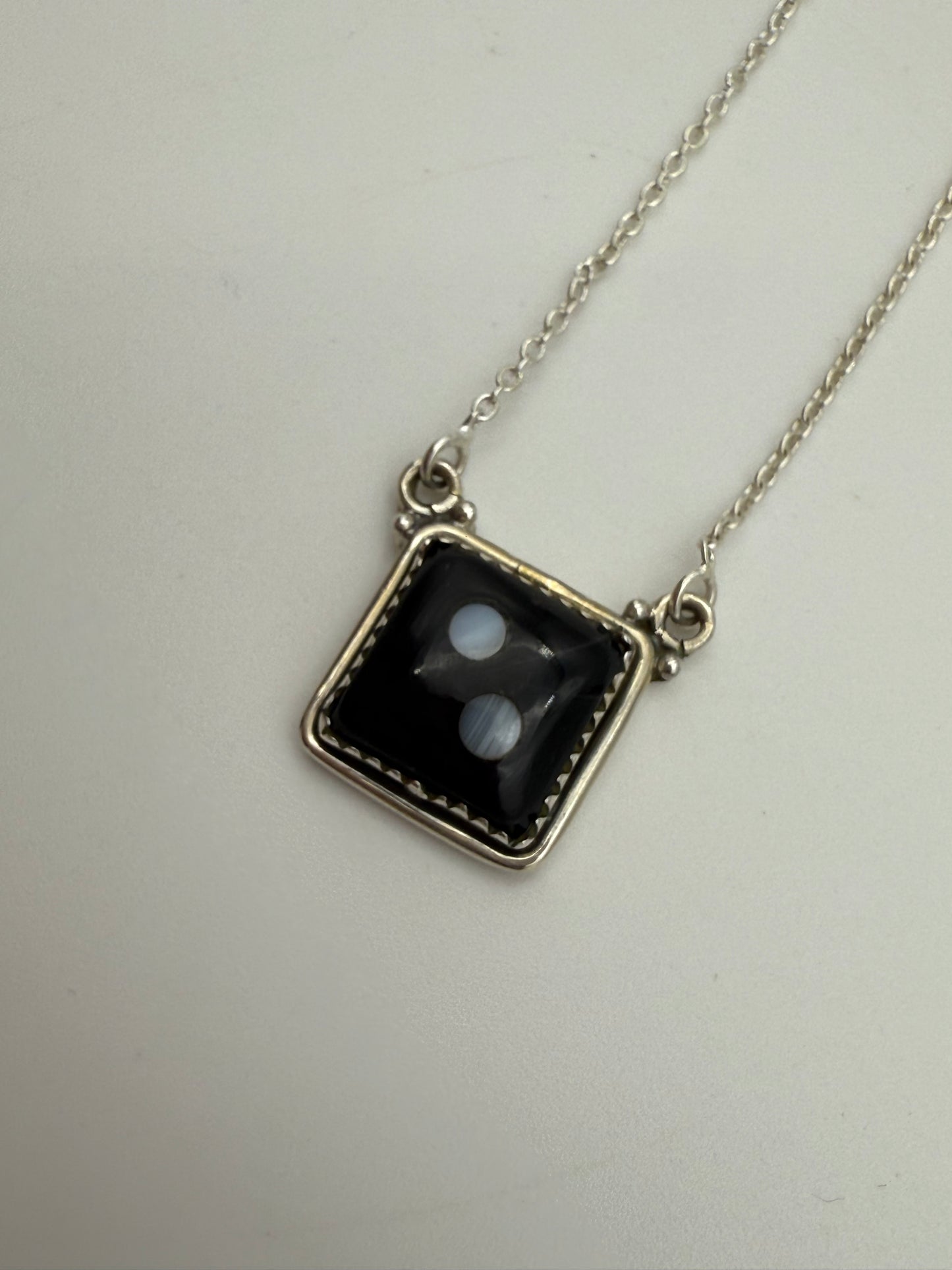 Black Onyx And Mother of Pearl Sterling Silver Dice Necklace